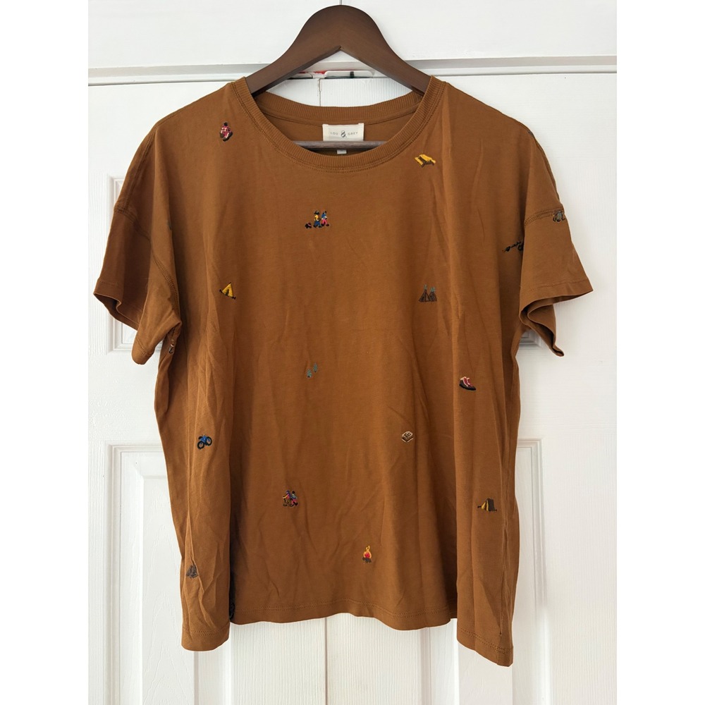 Lou & Grey Brown Hiking Camping Embroidered Cotton T-Shirt Size M NWT